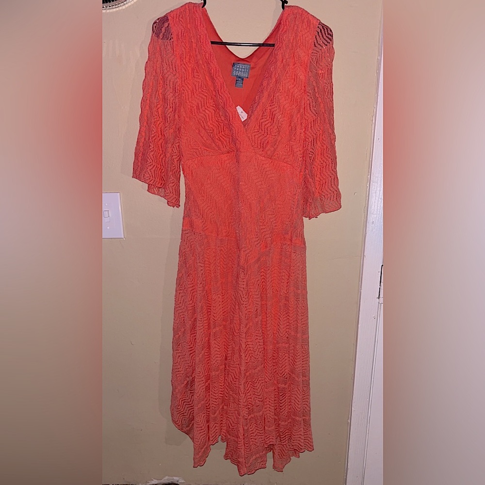 Women’s Coral Lace Lined MIDI Dress Size 8 Wedding Guest Formal Party Attire